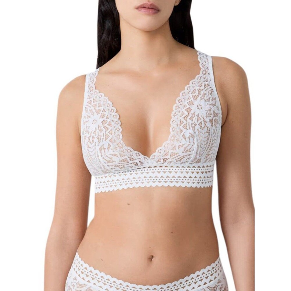 Etam Sheer Floral Lace No 8 Triangle Wireless Bra White Bralette Size 32D